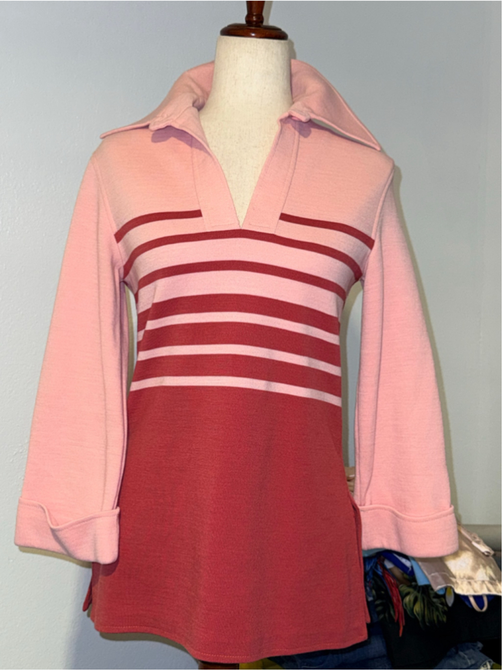 Vintage 6Os 70s Butte Knit Mod Mini Dress Pink sz med zipper wide sleeves Dacron